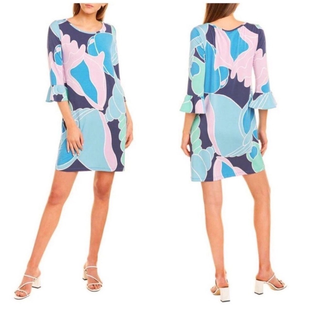 Tori Richard walking sunshine Lana shift dress Seashell Ruffle Pocket Blue S